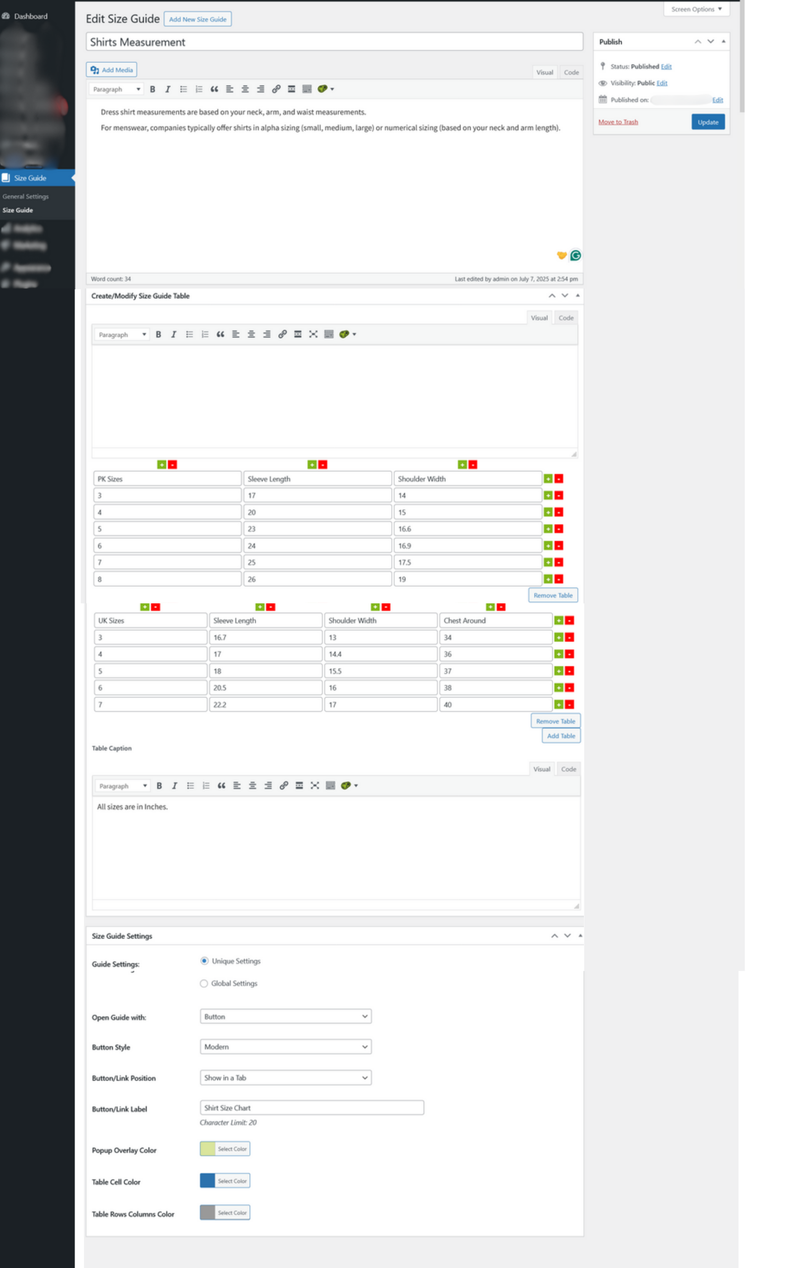 WooCommerce Product Size Charts Plugin Size Chart Configuration - ProgosTech