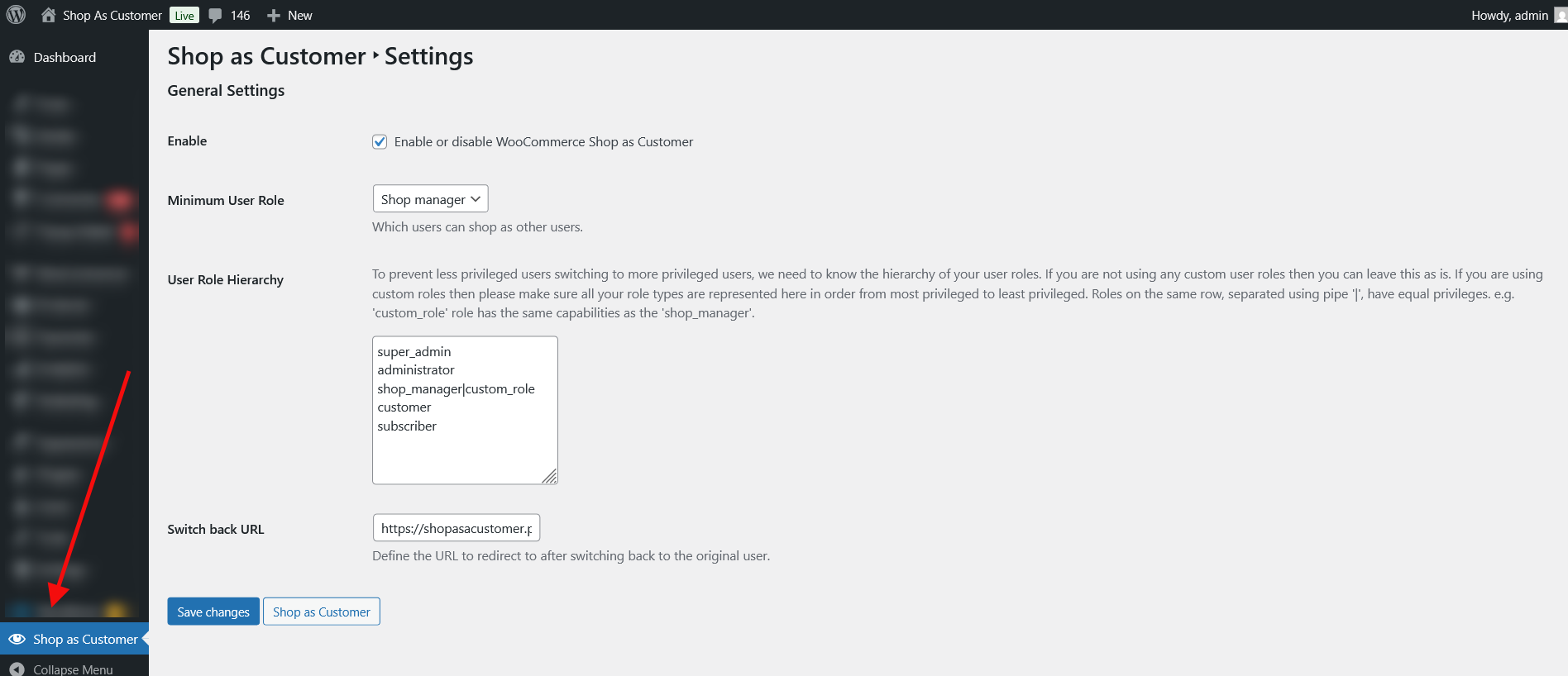 WooCommerce Shop as a Customer Backend Settings