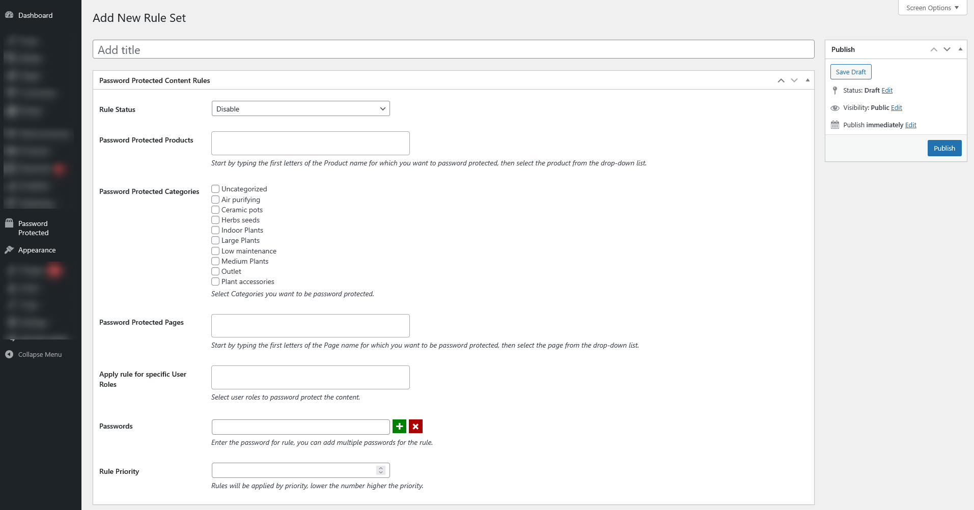Password Protect WooCommerce Products and Categories Create New RuleSet