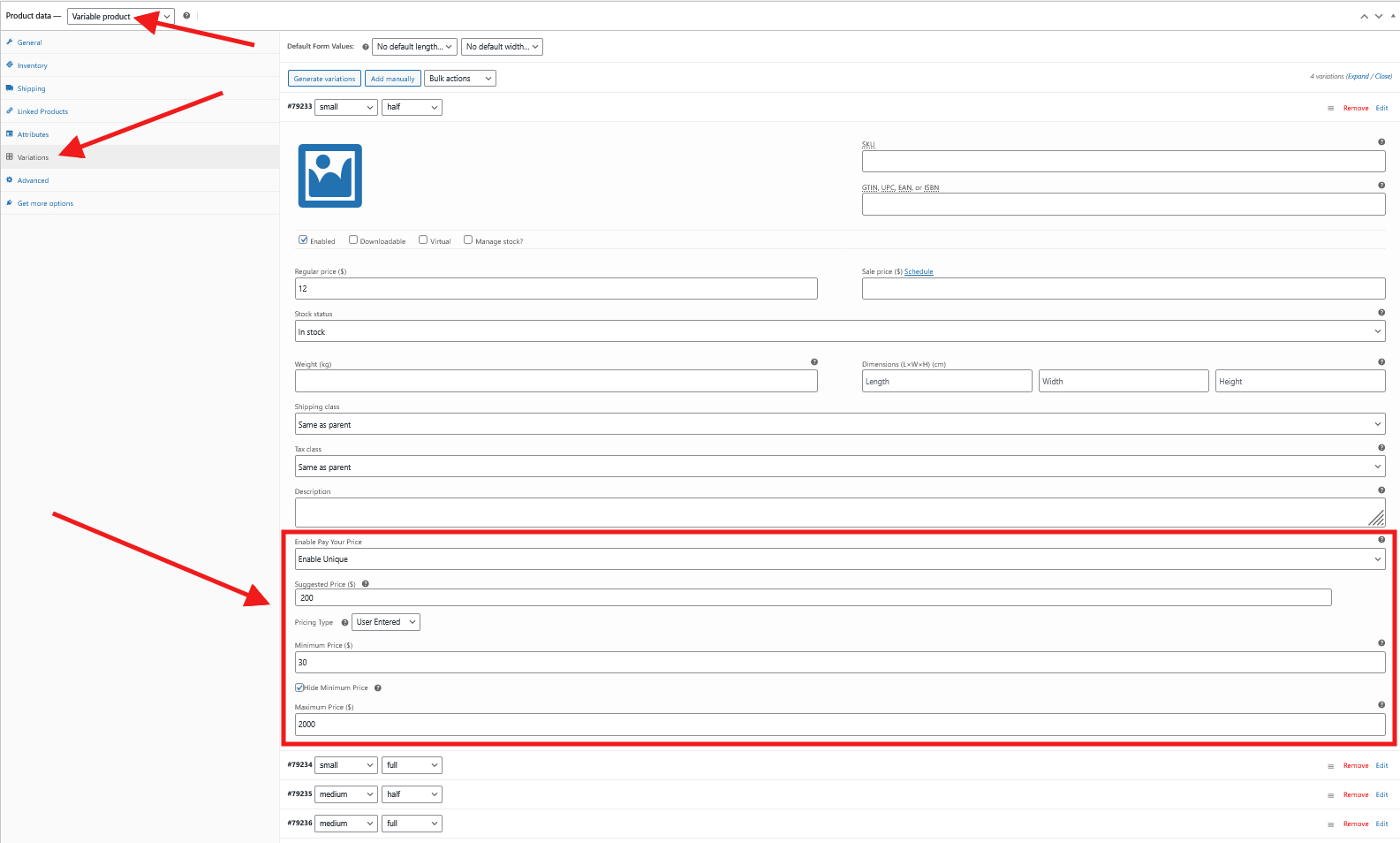 WooCommerce Name Your Price – Custom Pay Your Price Plugin - Variable Product Settings