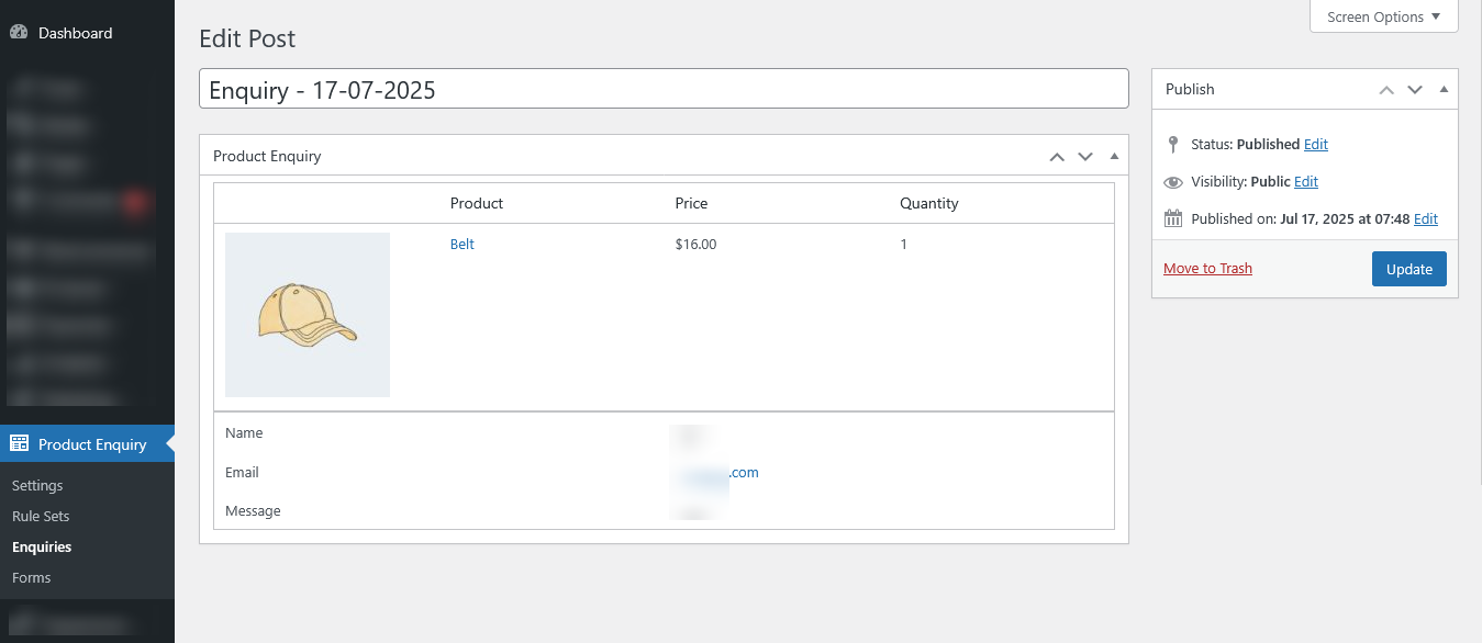 How to Add a Product Enquiry Form to Your WooCommerce Store (Step by Step) - Backend Enquiry